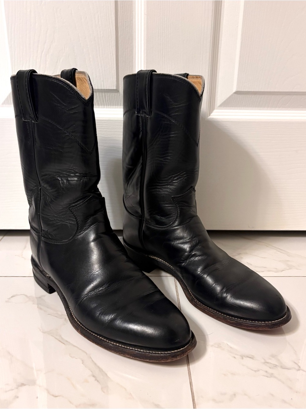 Justin 3133 Black Leather Western Cowboy Roper Boots USA 9.5B